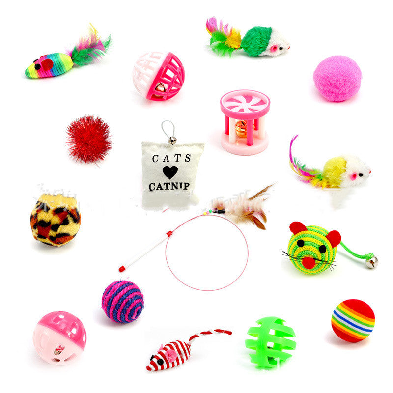 16‑Piece Cat Toy Set + Teaser Wand – Balls, Mice, Feathers & Bells (Multicolor)