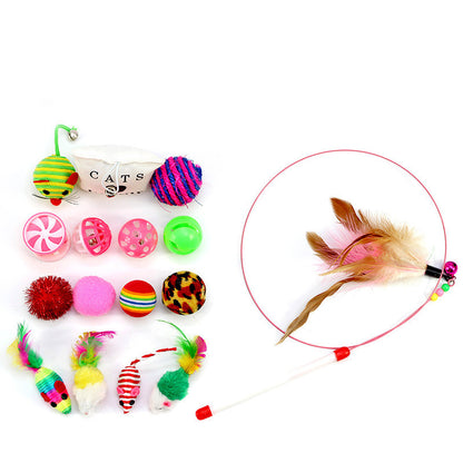 16‑Piece Cat Toy Set + Teaser Wand – Balls, Mice, Feathers & Bells (Multicolor)