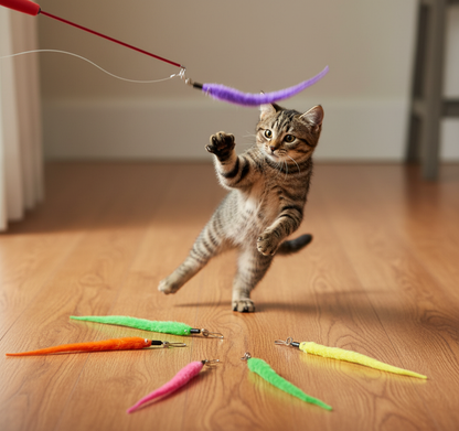 Cat Teaser Wand – 3‑Section Extendable (Up to 98 cm) + Plush Worm Refills