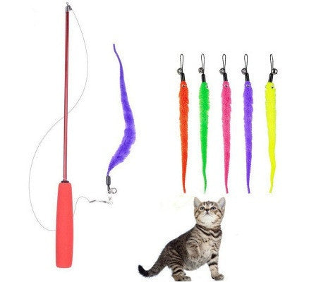 Cat Teaser Wand – 3‑Section Extendable (Up to 98 cm) + Plush Worm Refills