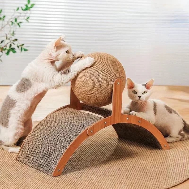 Wooden Cat Scratcher with Rotating Sisal Ball – Arch Climbing & Scratching Toy for Cats