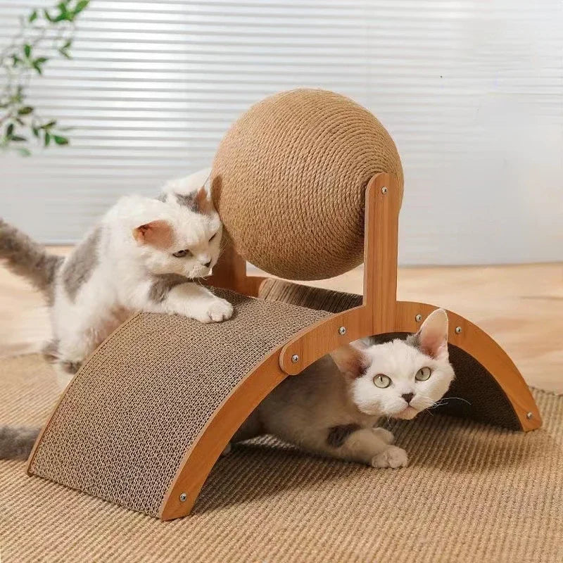Wooden Cat Scratcher with Rotating Sisal Ball – Arch Climbing & Scratching Toy for Cats