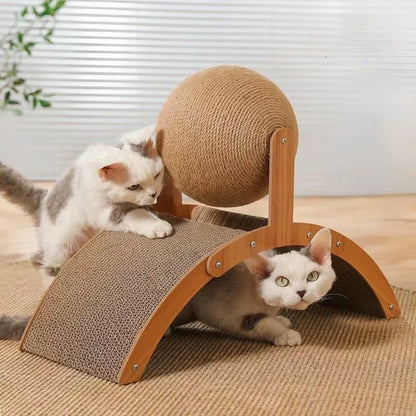 Wooden Cat Scratcher with Rotating Sisal Ball – Arch Climbing & Scratching Toy for Cats