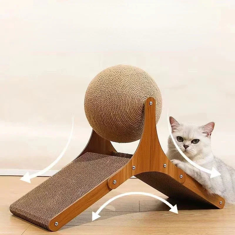 Wooden Cat Scratcher with Rotating Sisal Ball – Arch Climbing & Scratching Toy for Cats