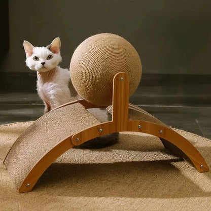 Wooden Cat Scratcher with Rotating Sisal Ball – Arch Climbing & Scratching Toy for Cats