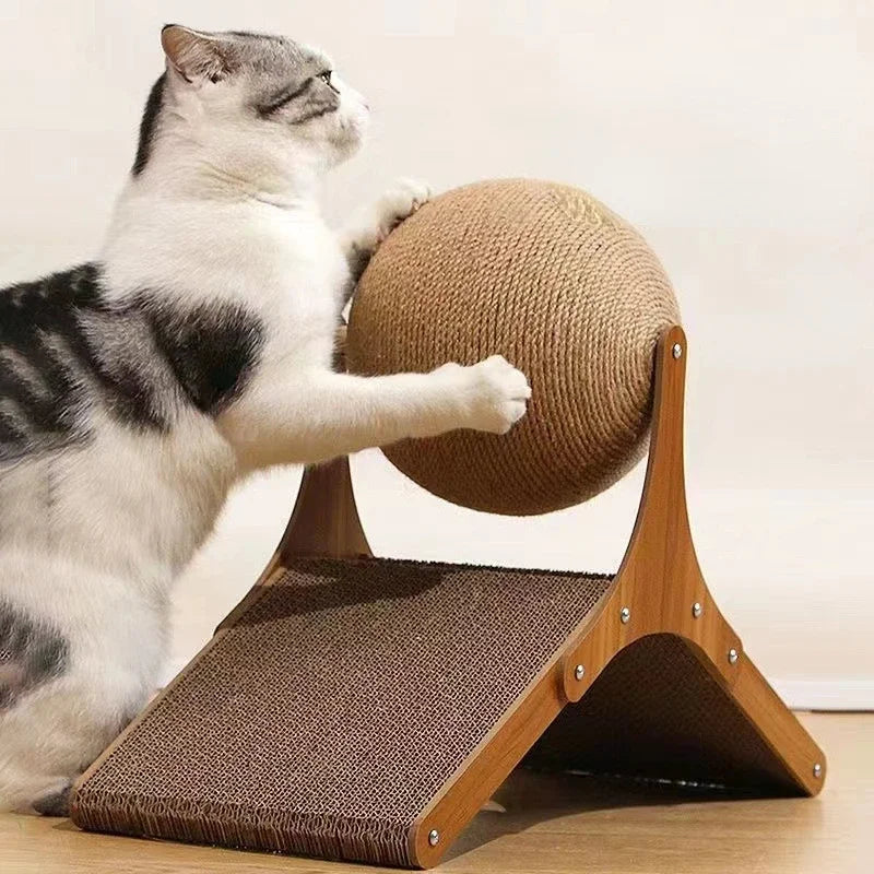 Wooden Cat Scratcher with Rotating Sisal Ball – Arch Climbing & Scratching Toy for Cats