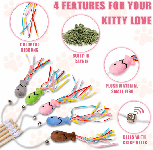 3‑in‑1 Cat Teaser Wand – Catnip Fish + Colorful Ribbons + Bell (40 cm)